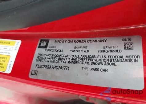 2017 Chevrolet Spark 2Lt Cvt из США, поврежденный, VIN KL8CF6SA7HC741771